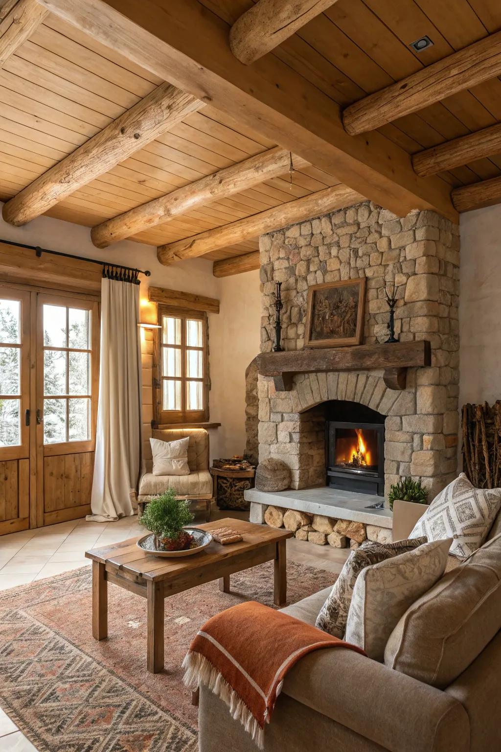 Country-style living room with fireplace and wooden beams.