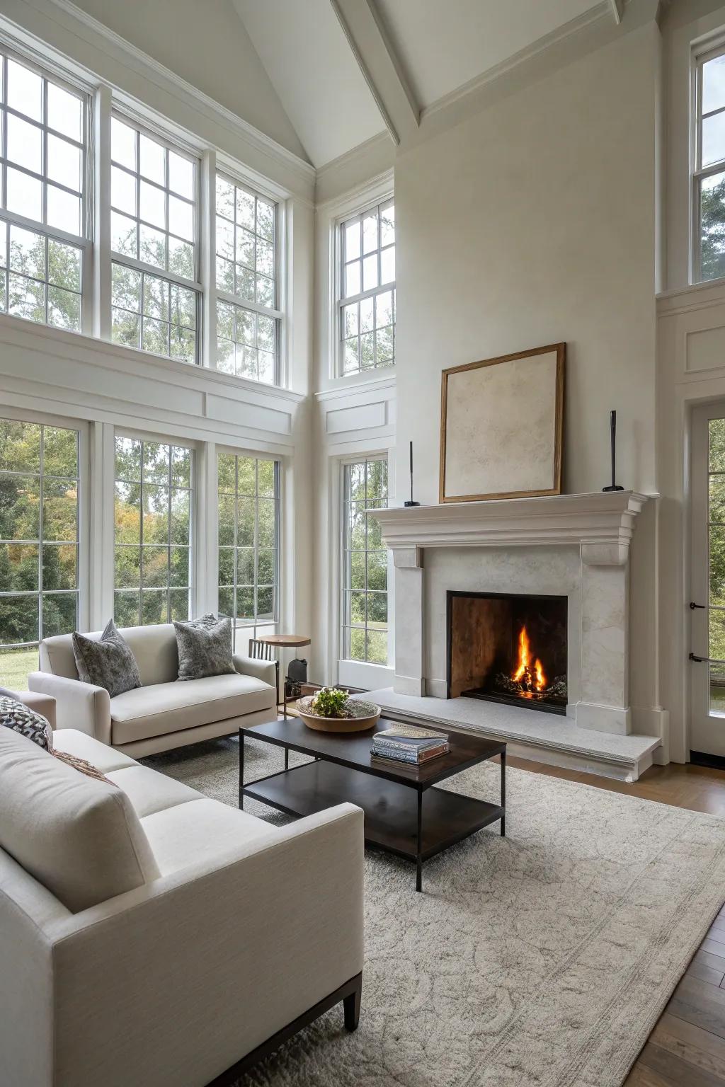 Open and elegant living room centered on fireplace.