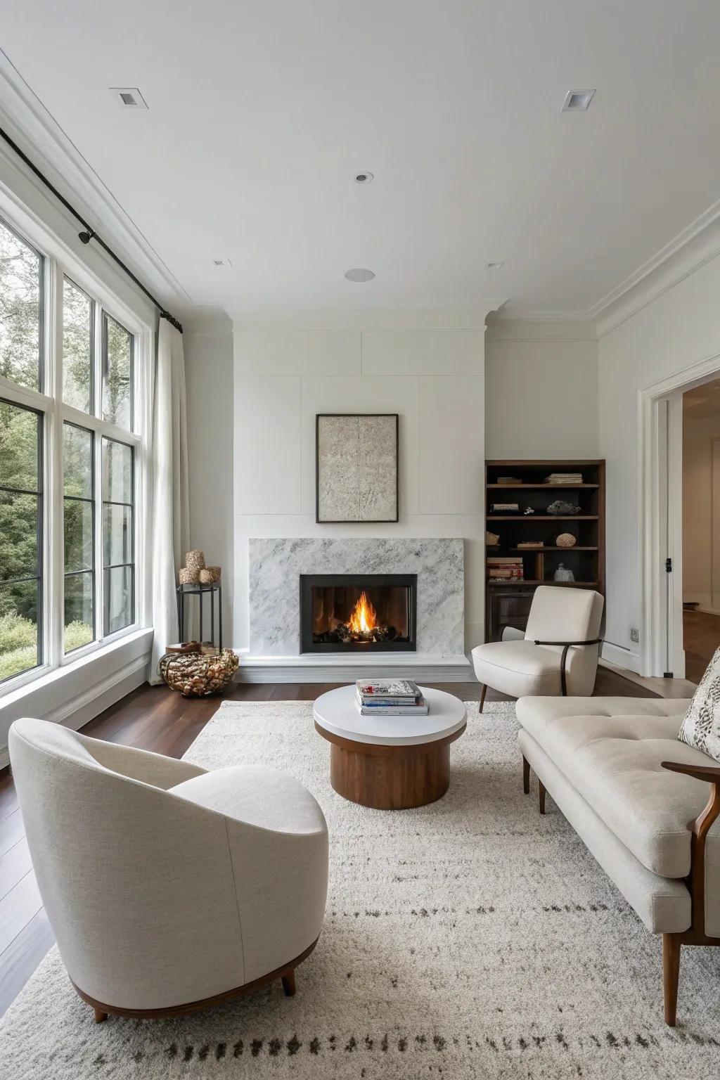 Minimalist living room with sleek fireplace centerpiece.