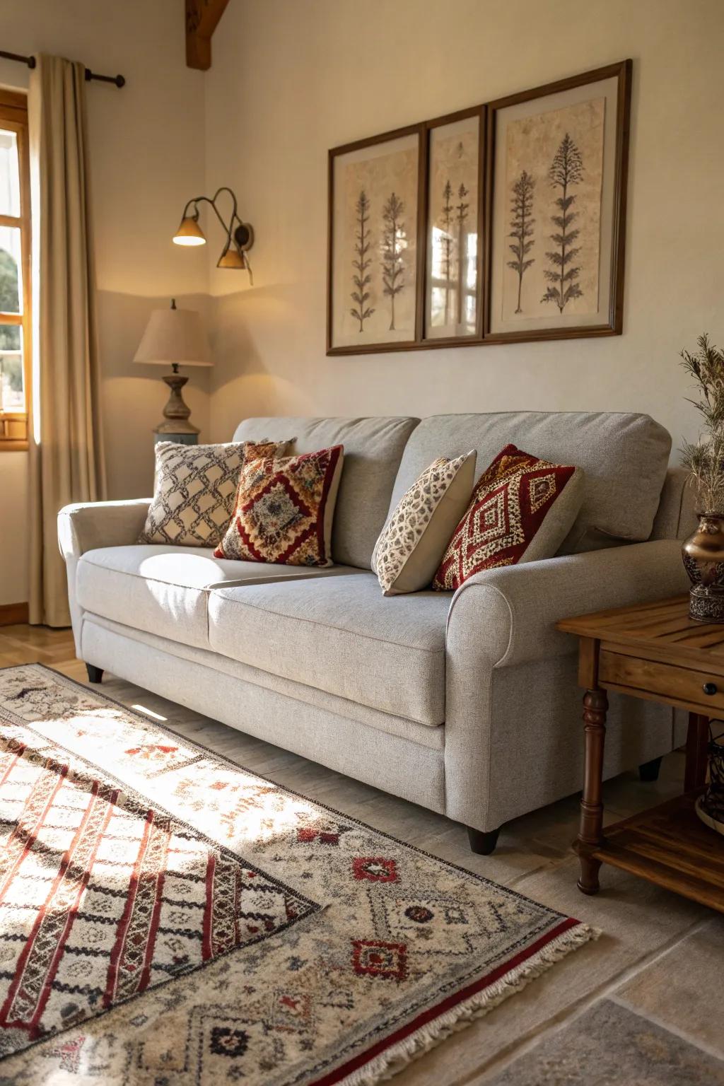 Patterns add character and depth to a pale grey sofa setup.