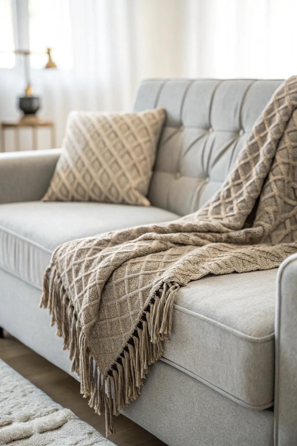 Textured throws add warmth and charm to a pale grey sofa.