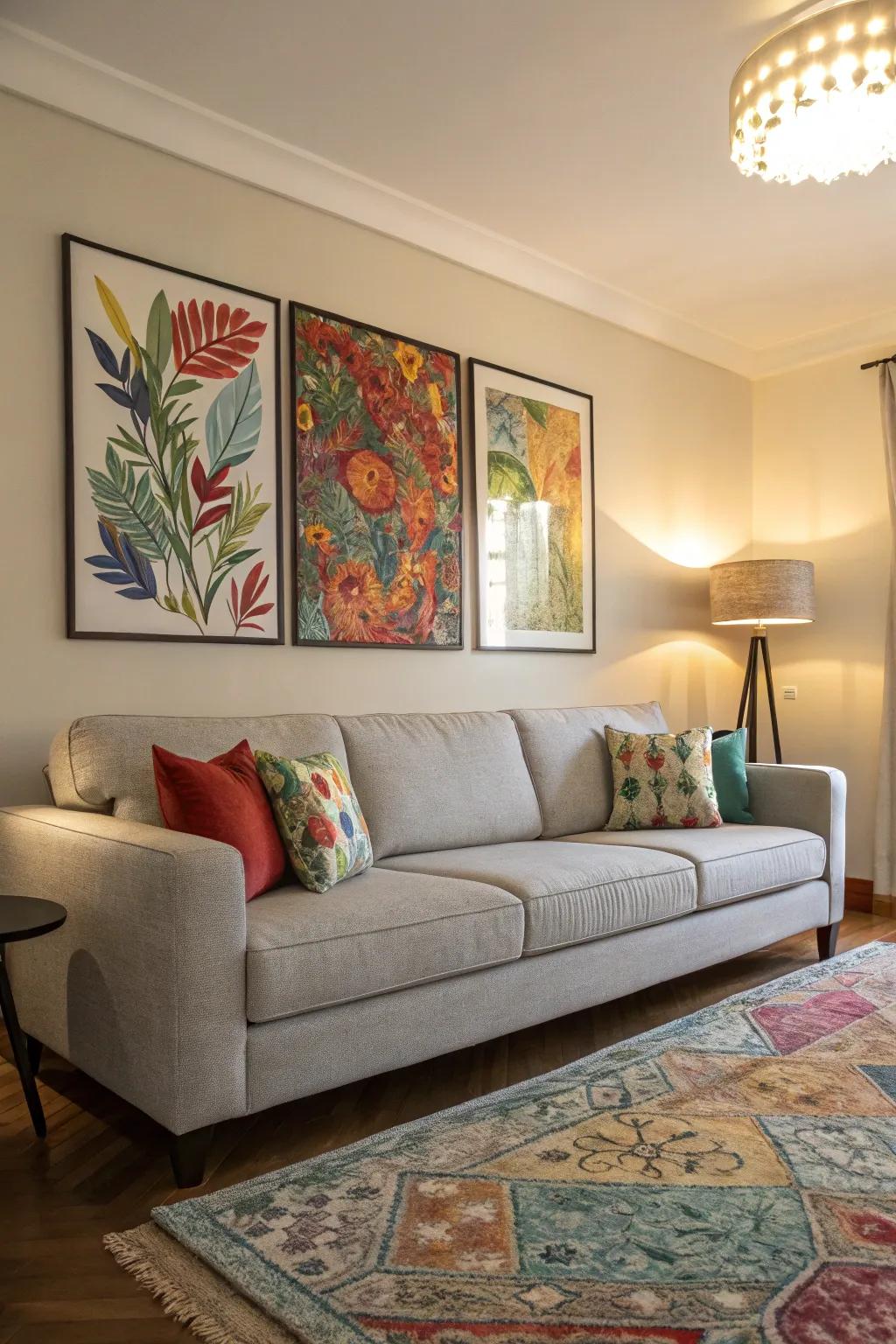 Bold art pieces create a striking focal point near a pale grey sofa.