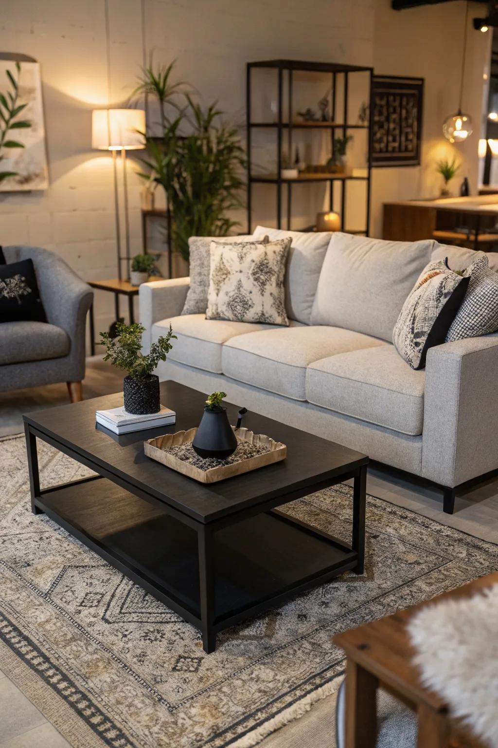 Dark accents provide contrast to a pale grey sofa setting.