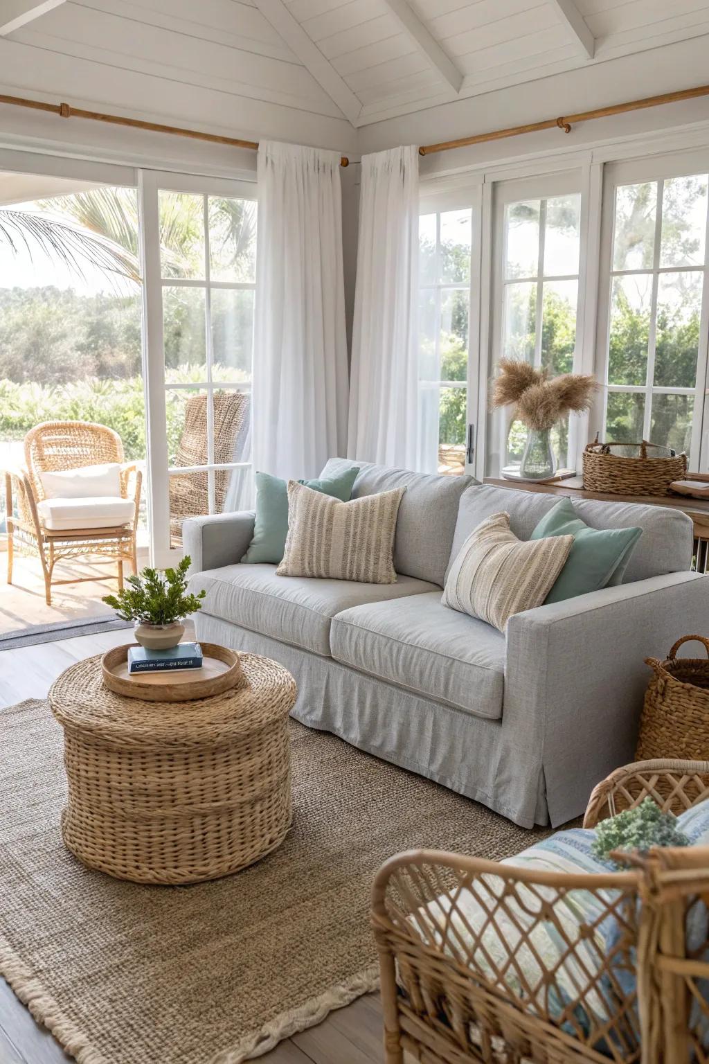 Coastal accents evoke a serene beach vibe with a pale grey sofa.