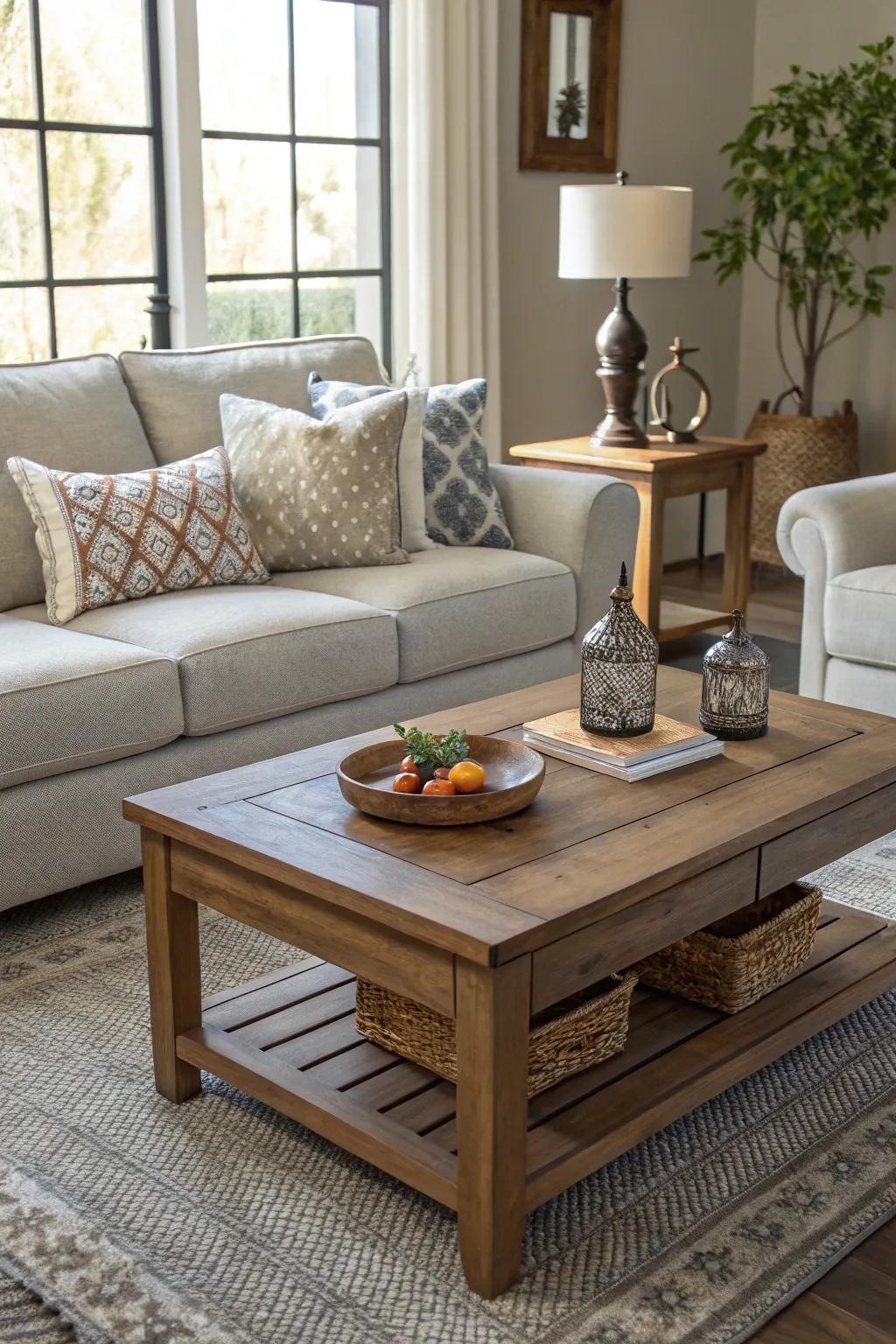 Wooden elements add warmth and texture to a pale grey sofa setting.