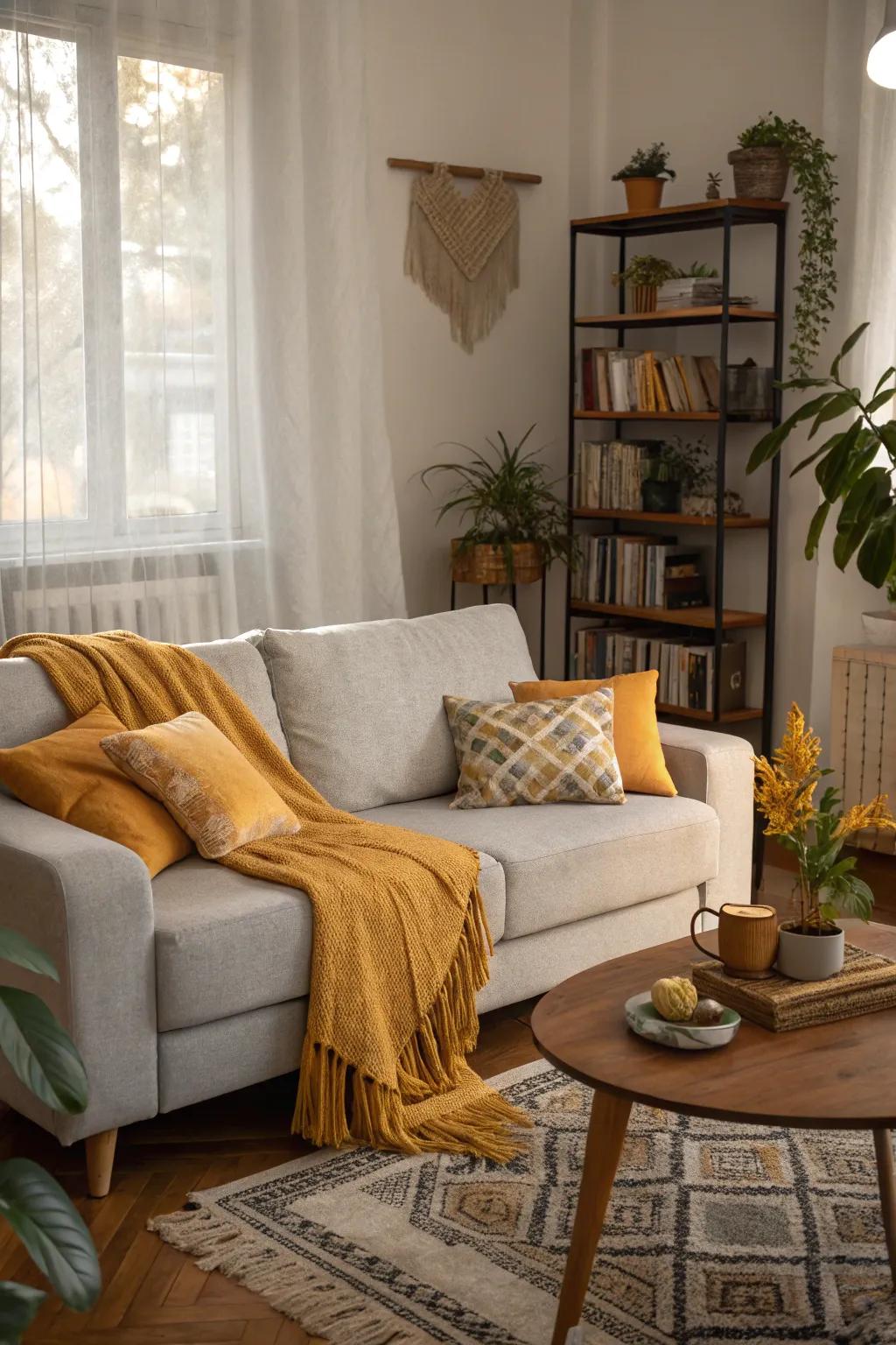 Mustard accents add warmth and vibrancy to a pale grey sofa.