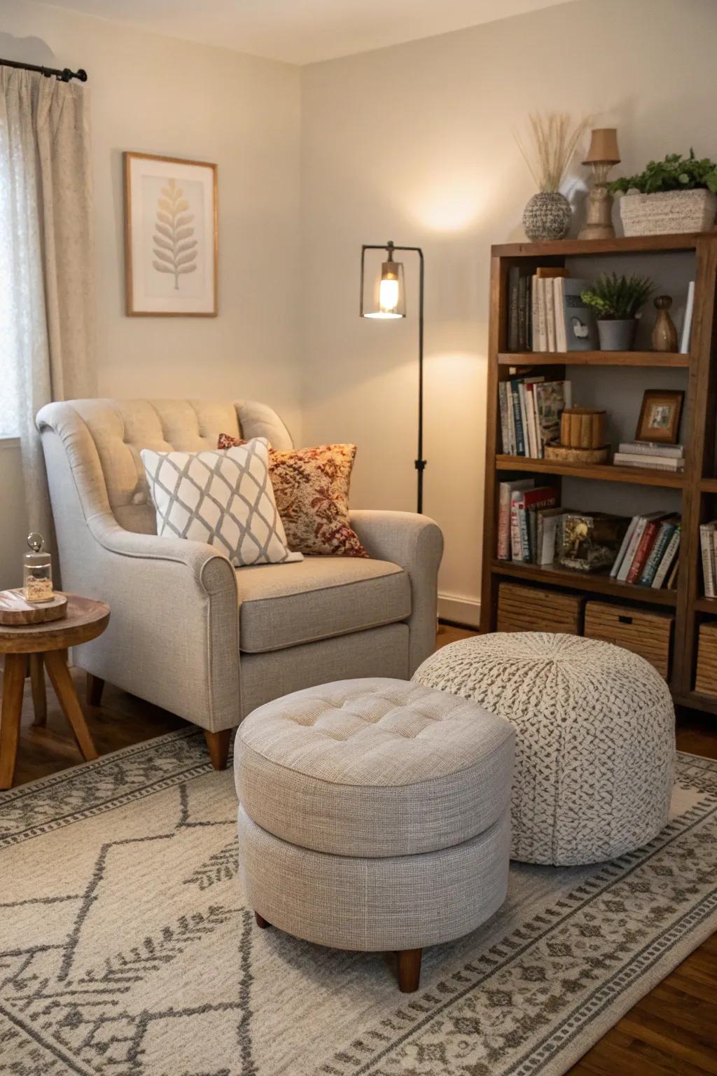 Cozy seating arrangements create an inviting space with a pale grey sofa.