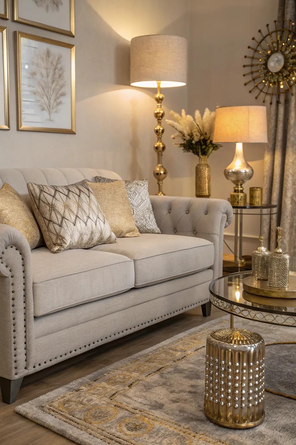 Metallic accents add a glamorous touch to a pale grey sofa setting.