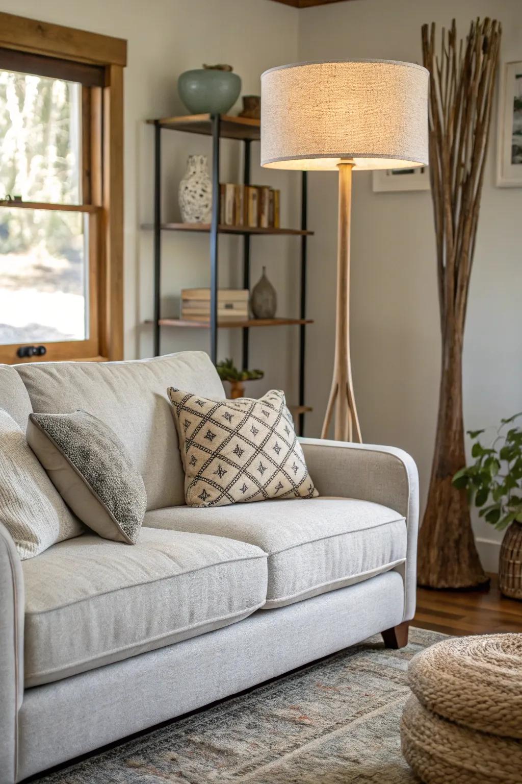 Artistic lighting enhances the ambiance around a pale grey sofa.