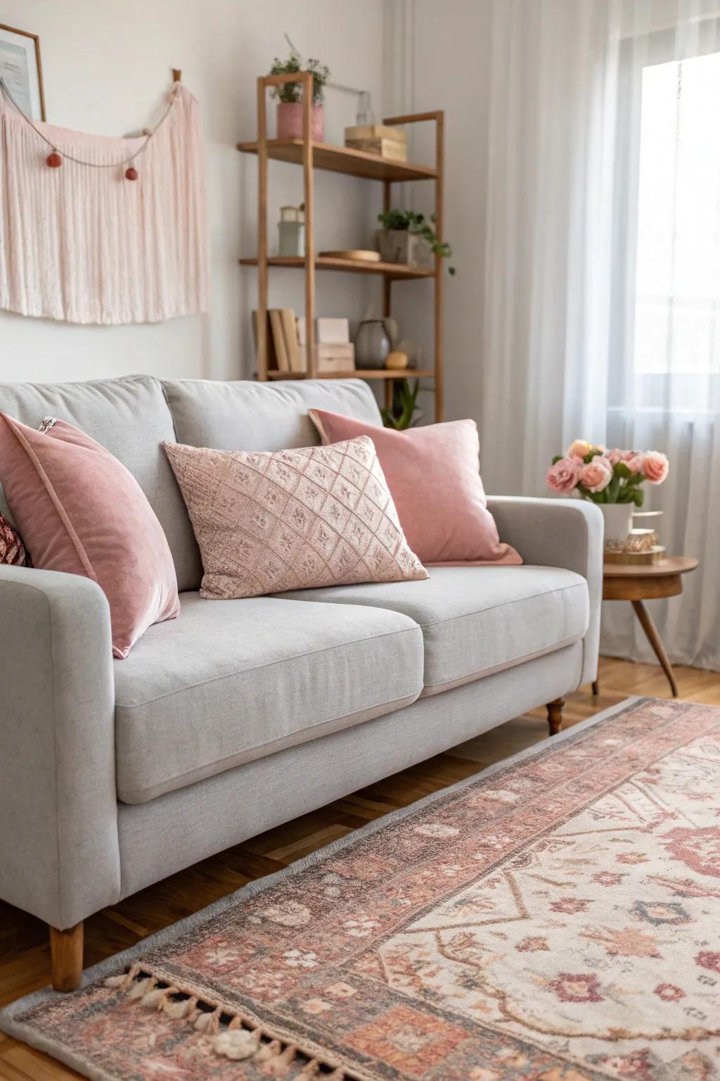 Blush pink accents add gentle elegance to a pale grey sofa.