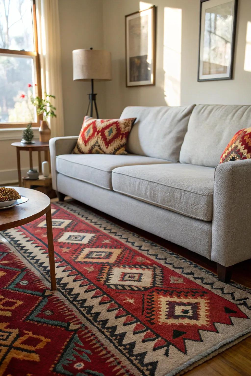 A bold rug grounds the room and complements a pale grey sofa.