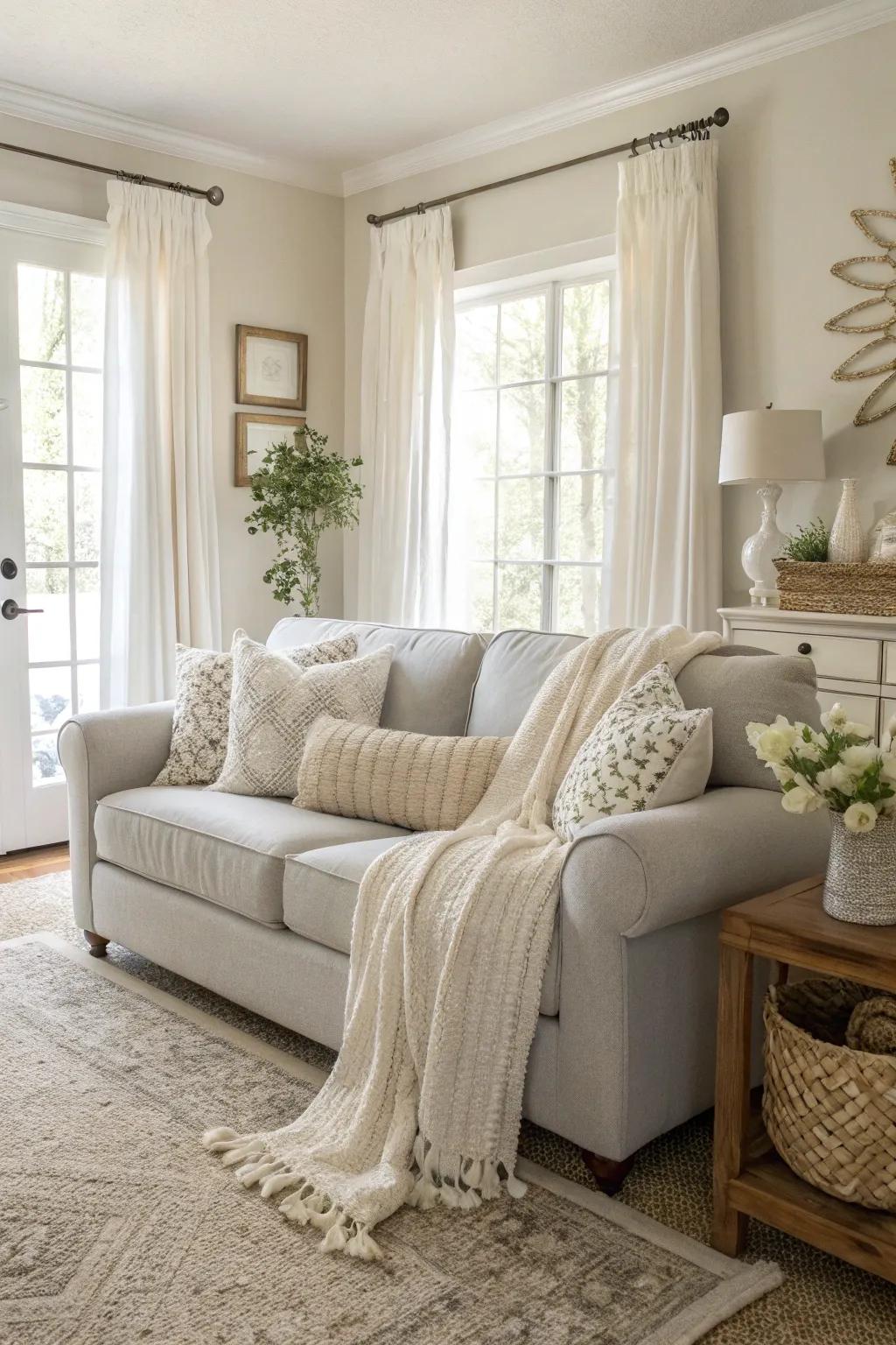 Soft neutral tones create a calm space with a pale grey sofa.
