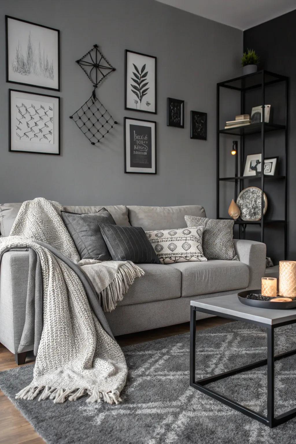 Modern monochrome living room with a grey sofa.