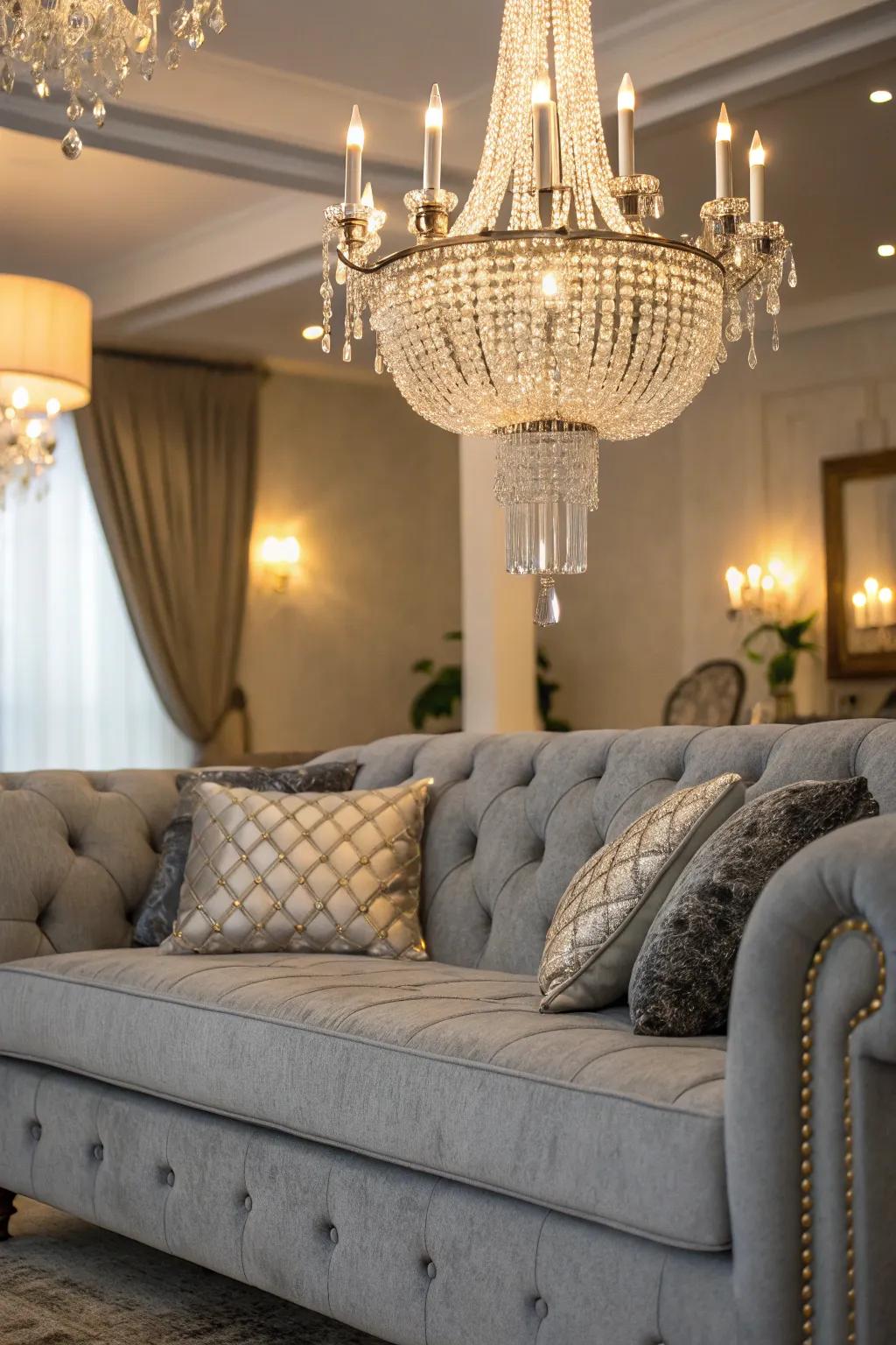 Elegant living room with a grey sofa and glamorous touches.