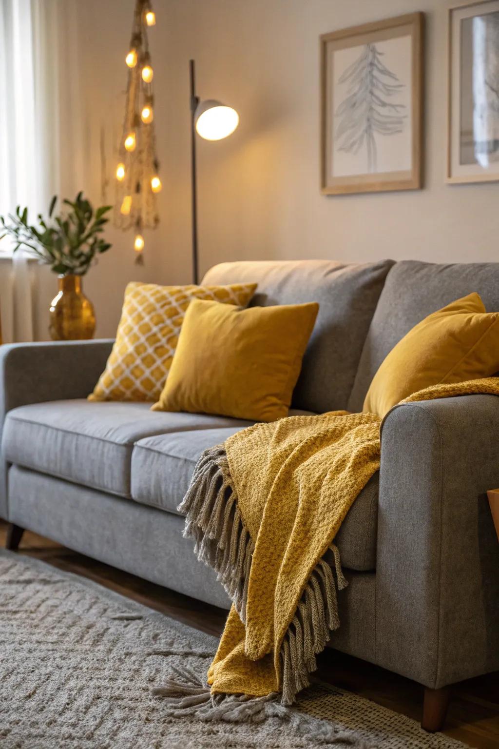 Grey sofa brightened by golden yellow accents.