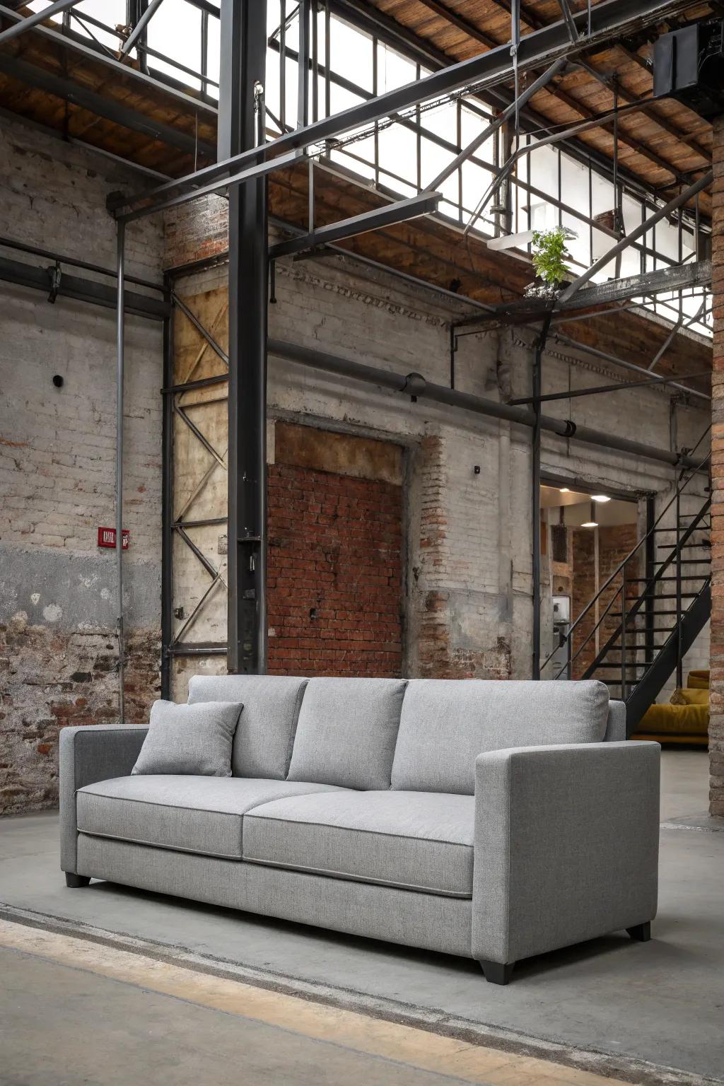 Grey sofa paired with industrial decor elements.