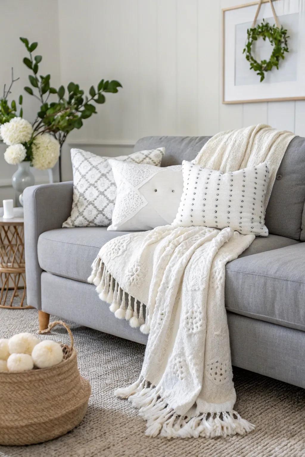 White accents brighten a room with a grey sofa.