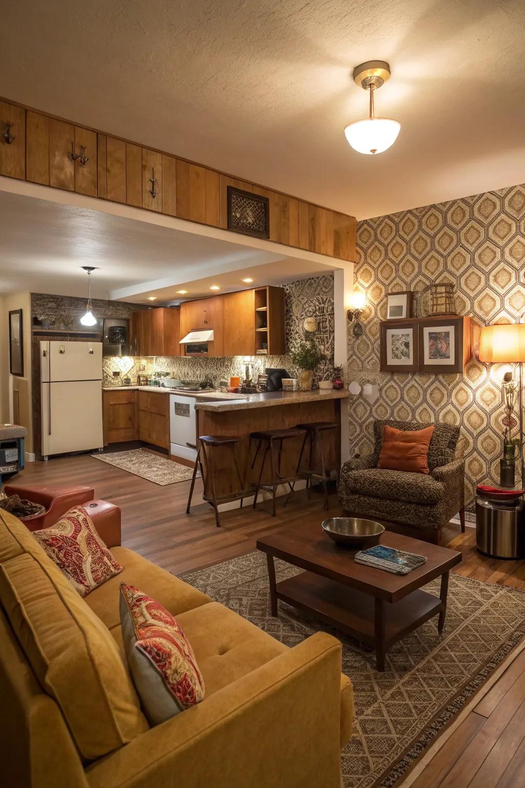 A sunken living area offers a unique, intimate seating option.