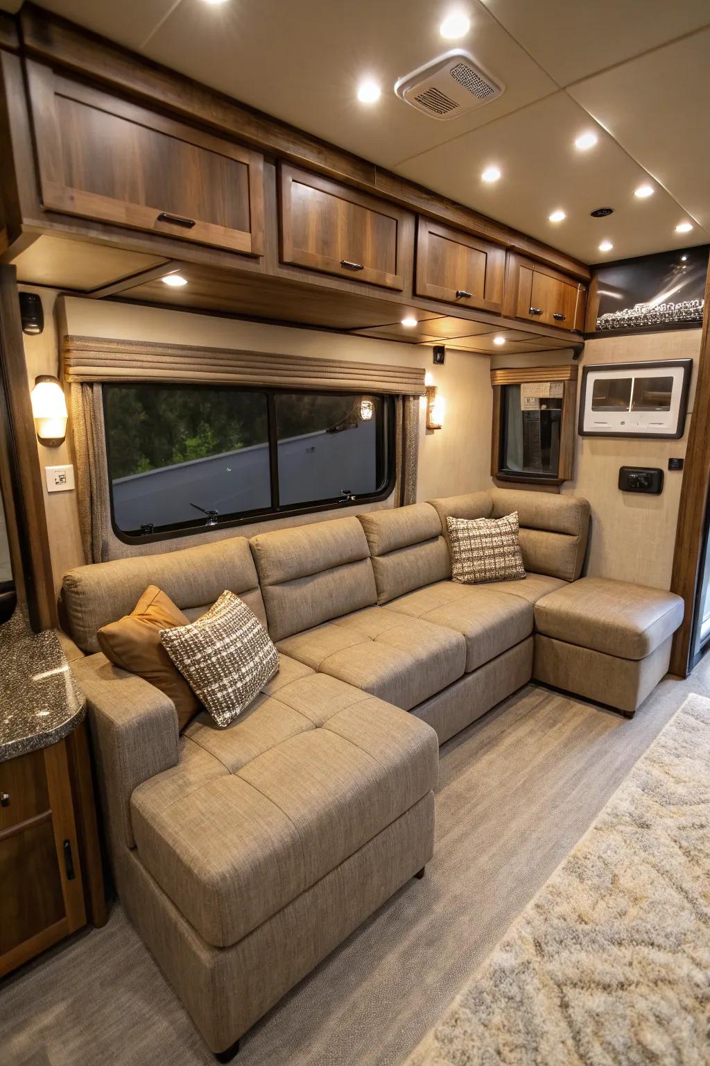 A modular sectional sofa brings versatility to your RV space.