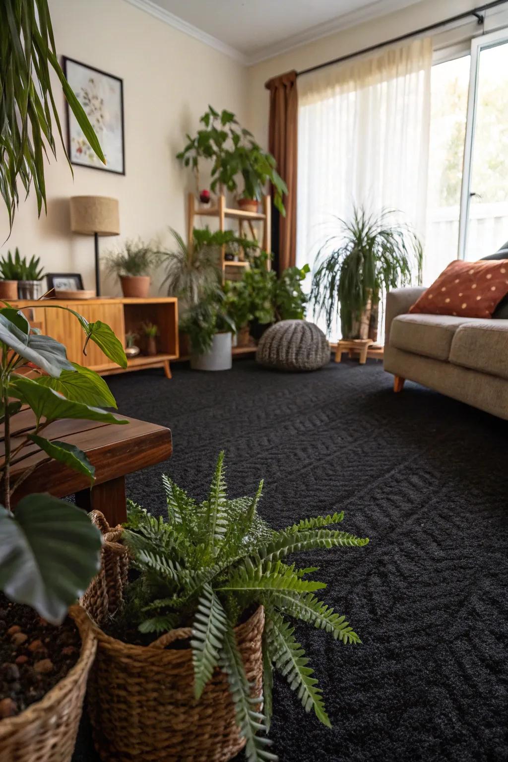 Indoor greenery adds vibrancy to a room with a dark carpet.