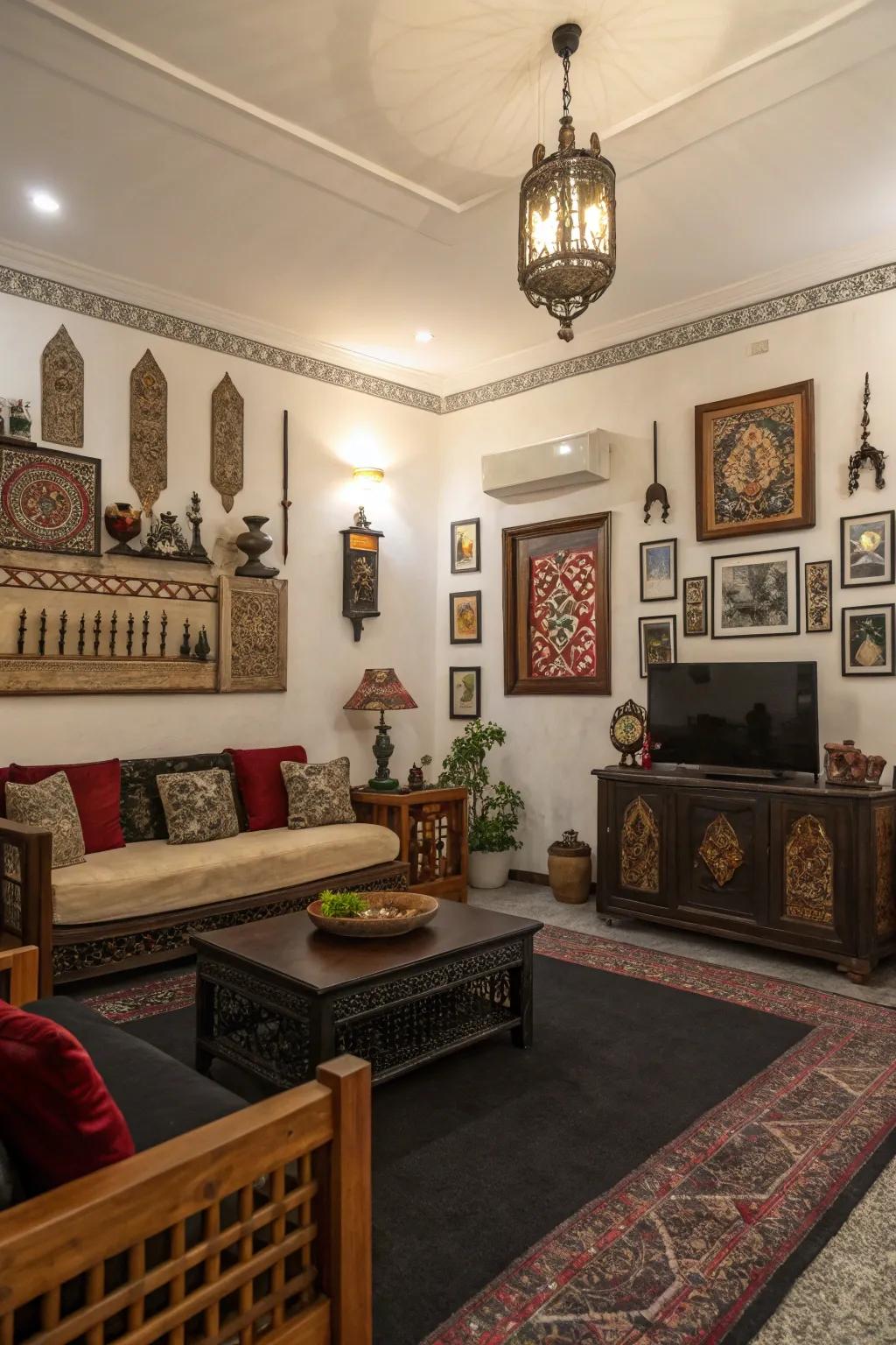 Cultural accents add personality to a dark carpeted space.