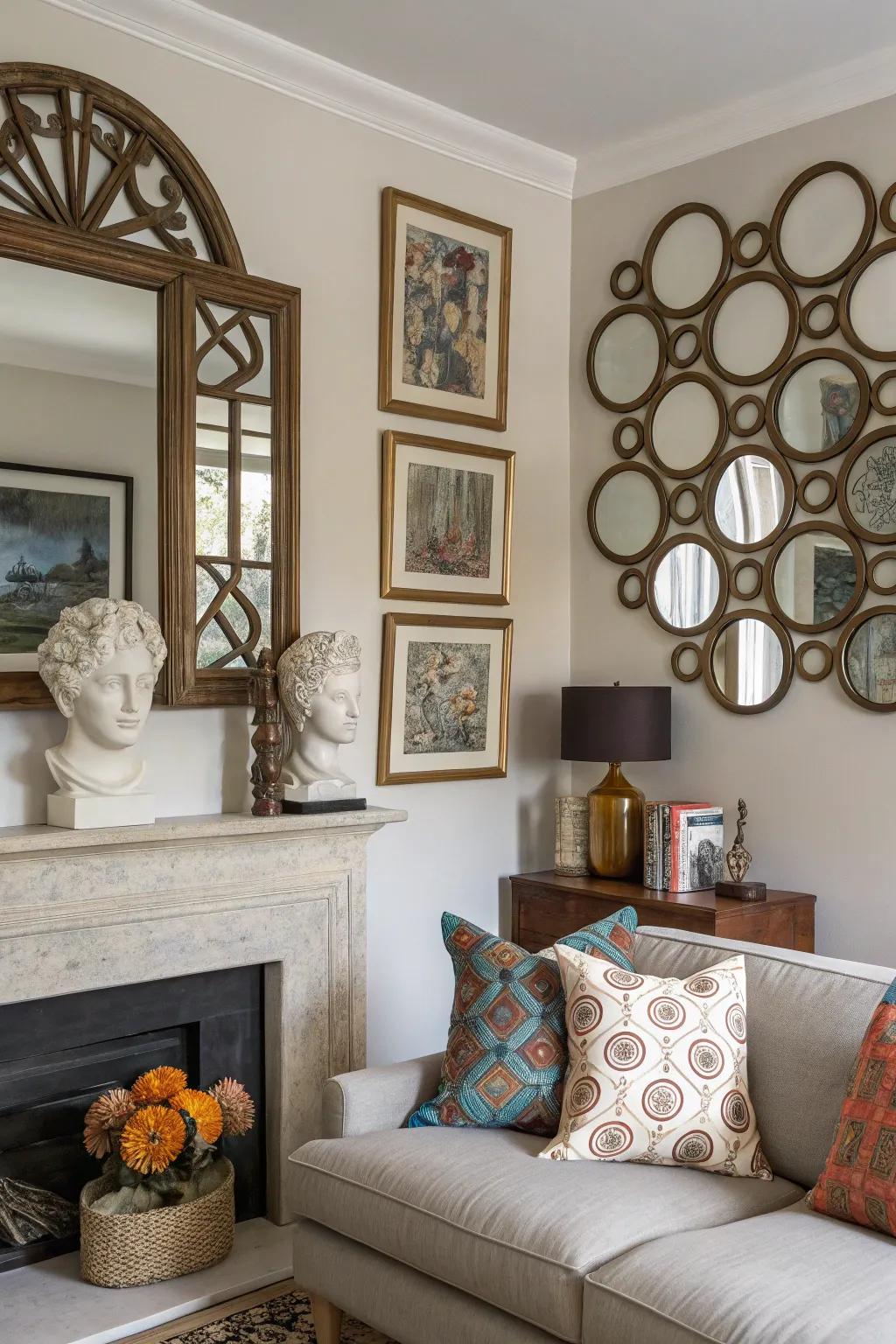 Mirrors and art can enhance the room's depth and aesthetic appeal.