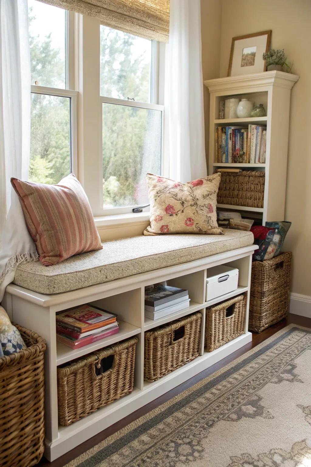 Under-bench storage is a clever way to keep your living room organized.