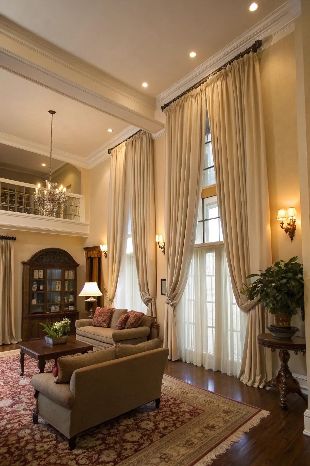 Tall draperies can elevate the perceived height and elegance of your living room.