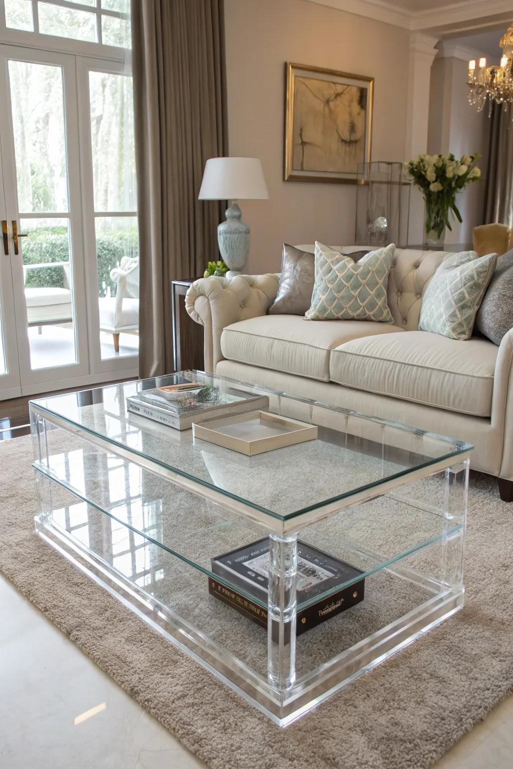 Transparent furniture adds function without visual clutter.