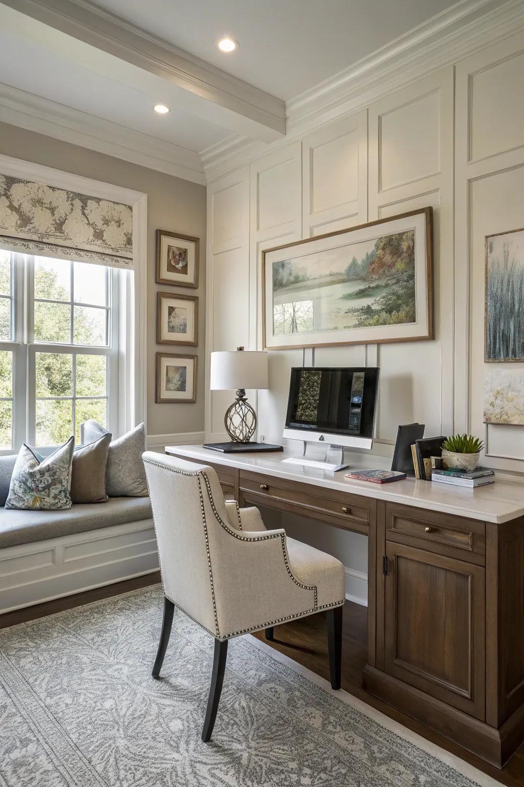 Introduce depth to your home study with recessed panel wainscoting.