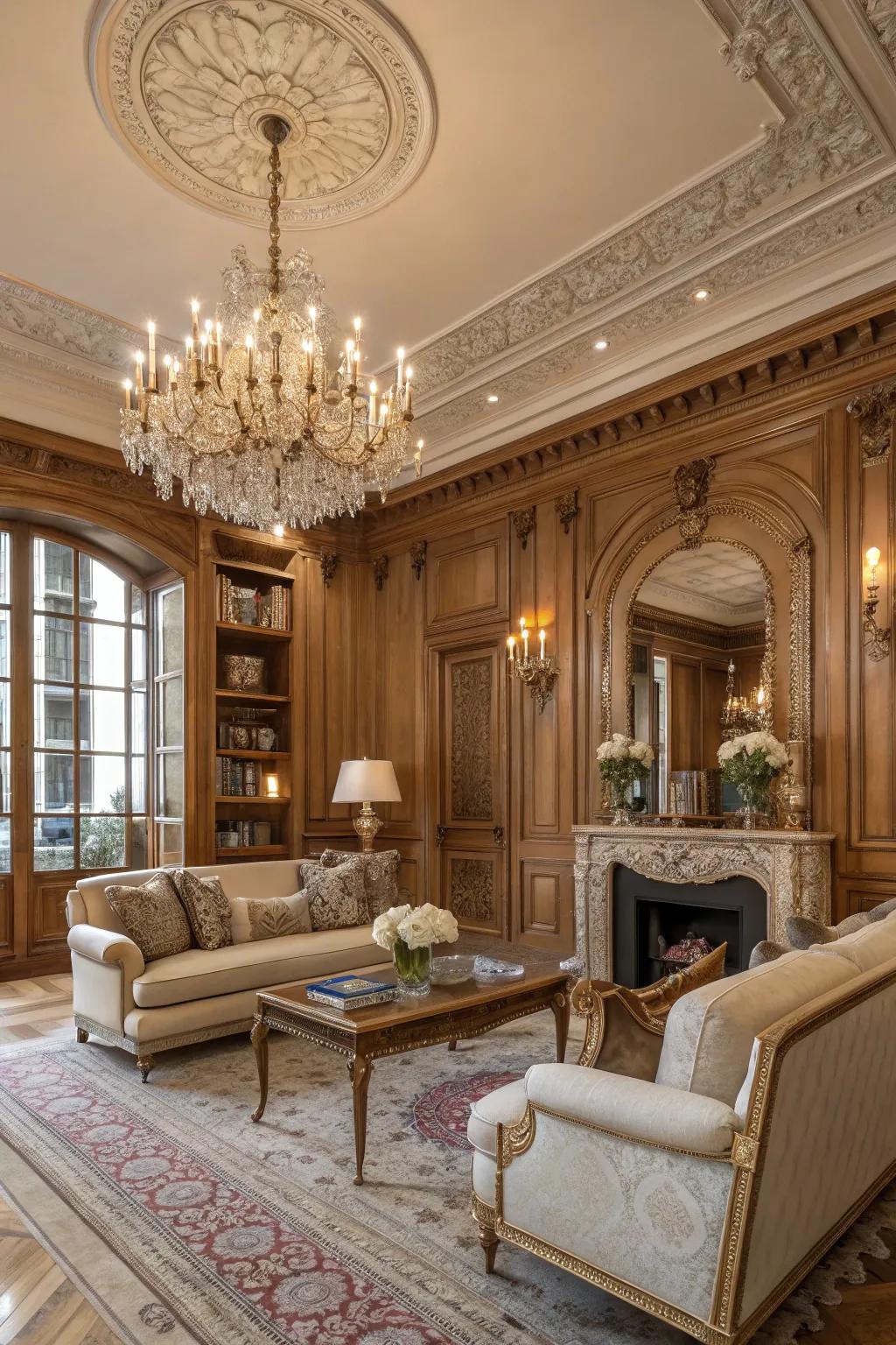 Immerse yourself in luxury with Gallic boiserie wainscoting.