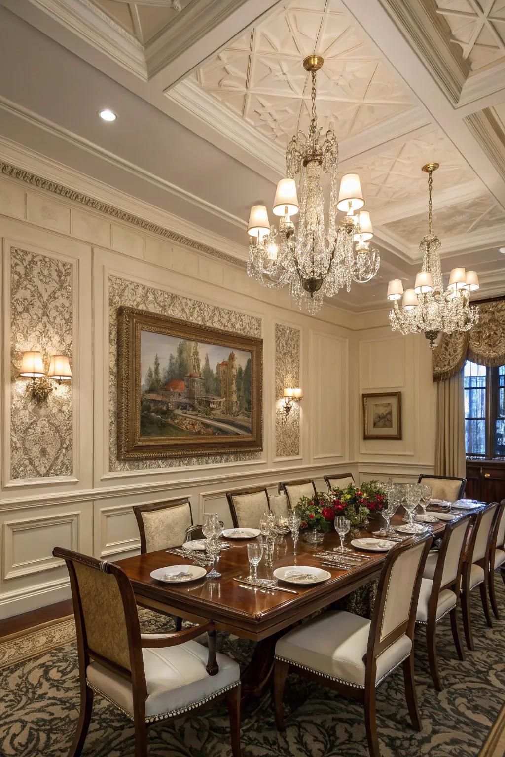 Elevate your dining room with the refined touch of classic raised panel wainscoting.