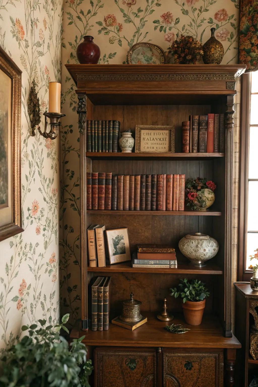 Bookshelf featuring vintage floral wallpaper, evoking a sentimental atmosphere.