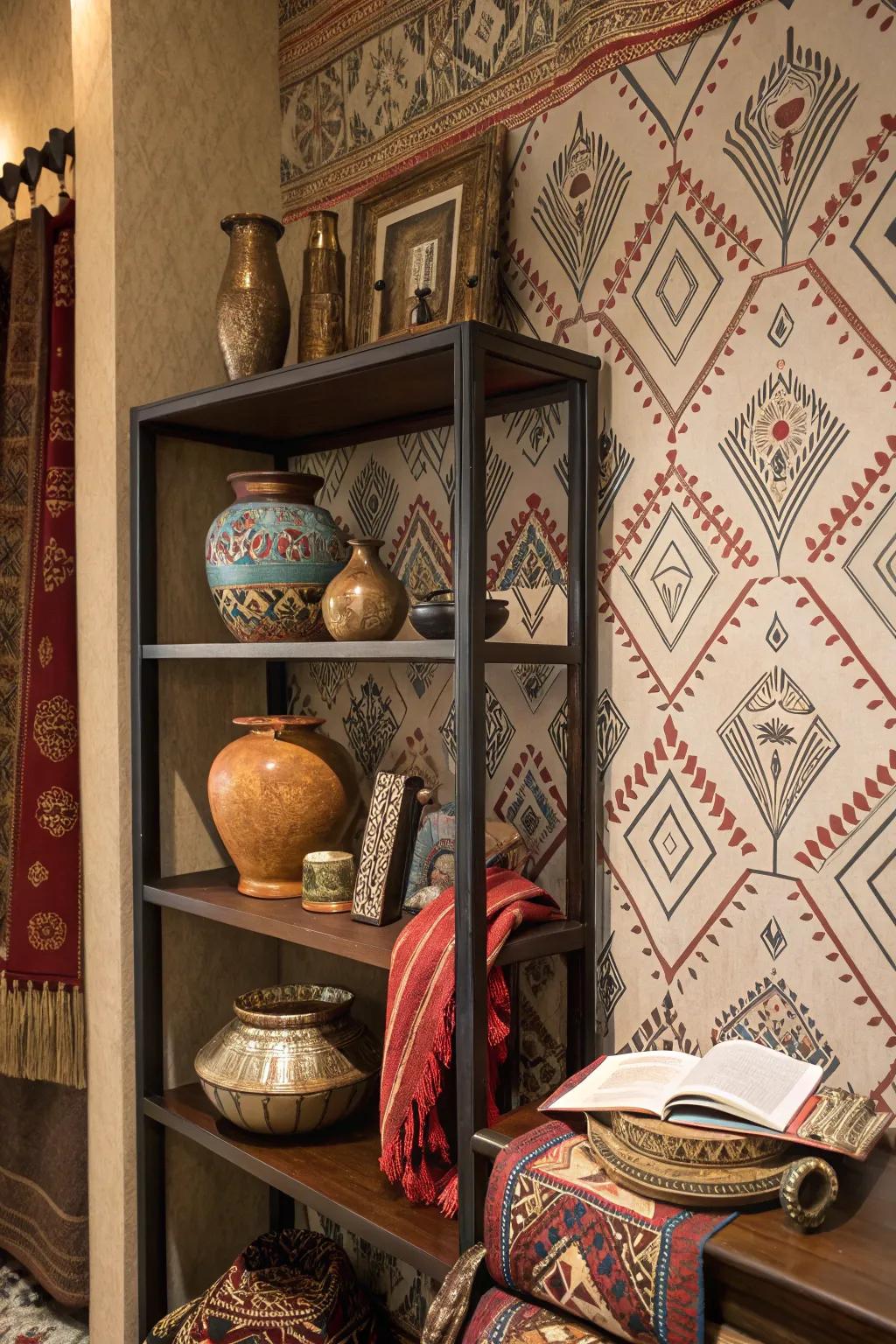 Bookshelf decorated with ethnic pattern wallpaper, adding cultural richness.