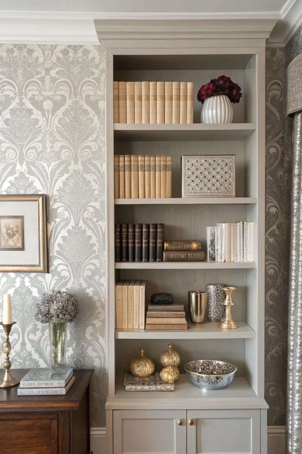 Bookshelf featuring silver damask wallpaper, exuding classic sophistication.