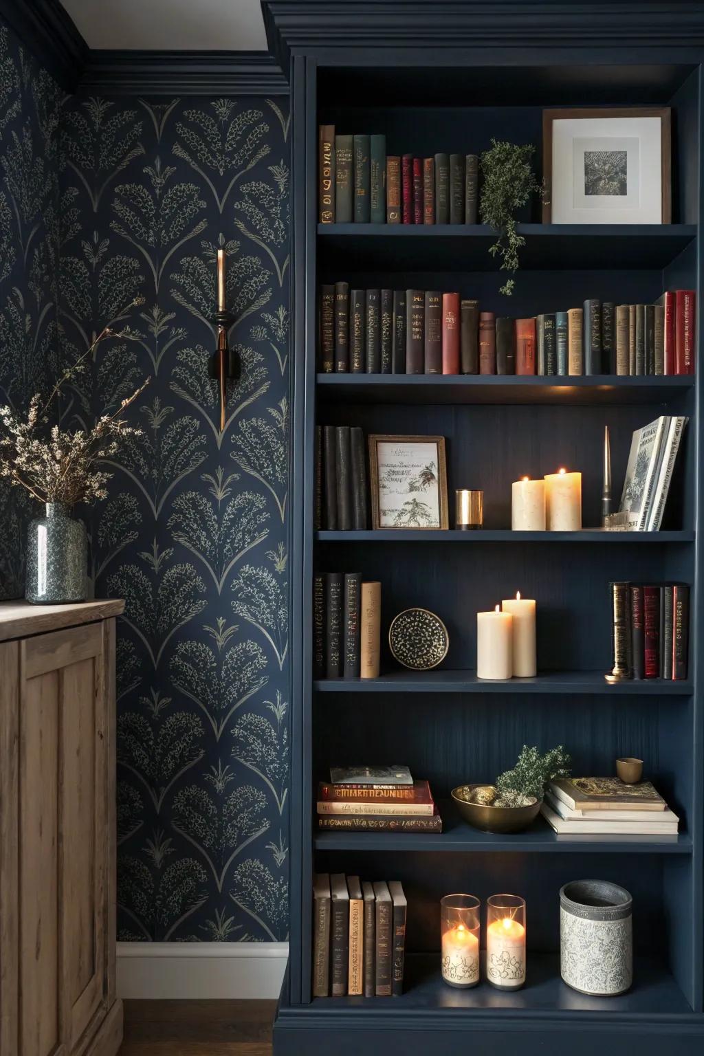 Bookshelf with deep navy wallpaper, offering a rich and sophisticated vibe.