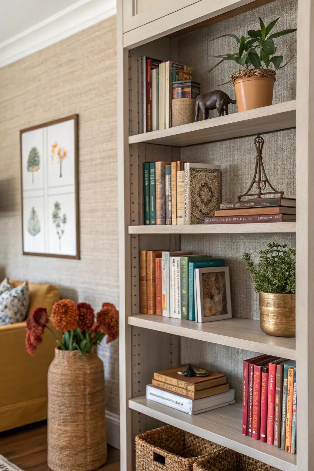 Bookshelf featuring textured grasscloth wallpaper, creating a cozy and inviting feel.