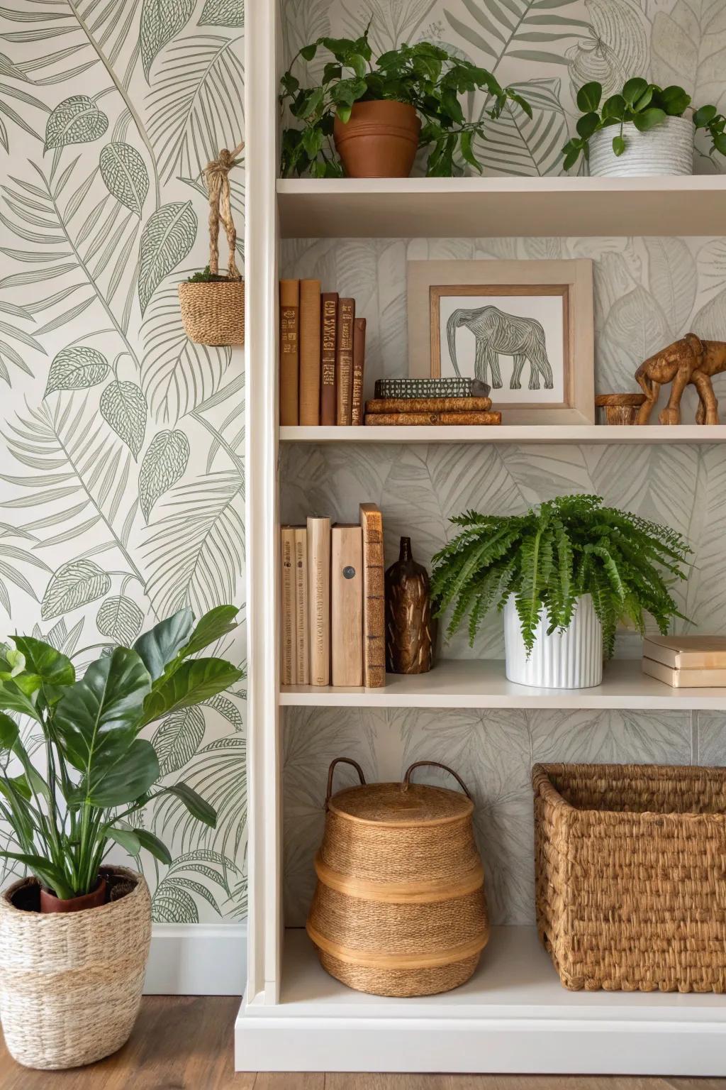 Bookshelf with leaf-patterned wallpaper, creating a peaceful, earthy vibe.