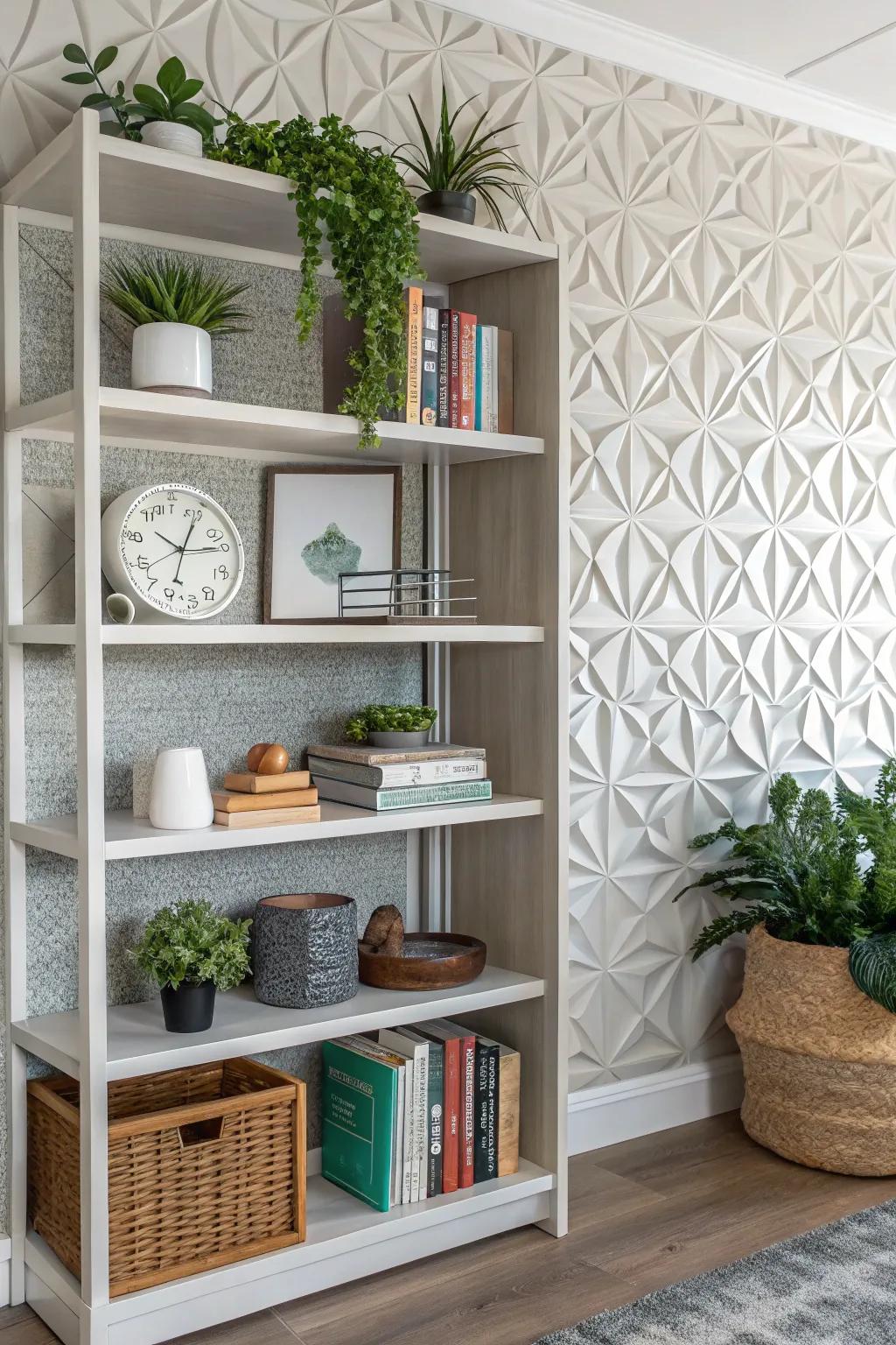 Bookshelf featuring three-dimensional textured wallpaper for added depth and interest.
