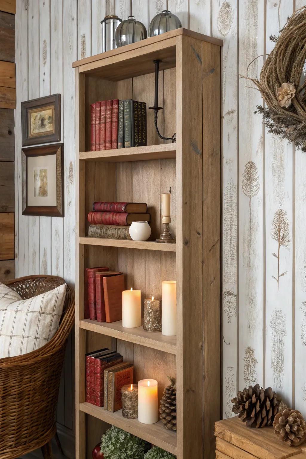 Bookshelf featuring wood-look wallpaper, evoking a cozy rustic vibe.