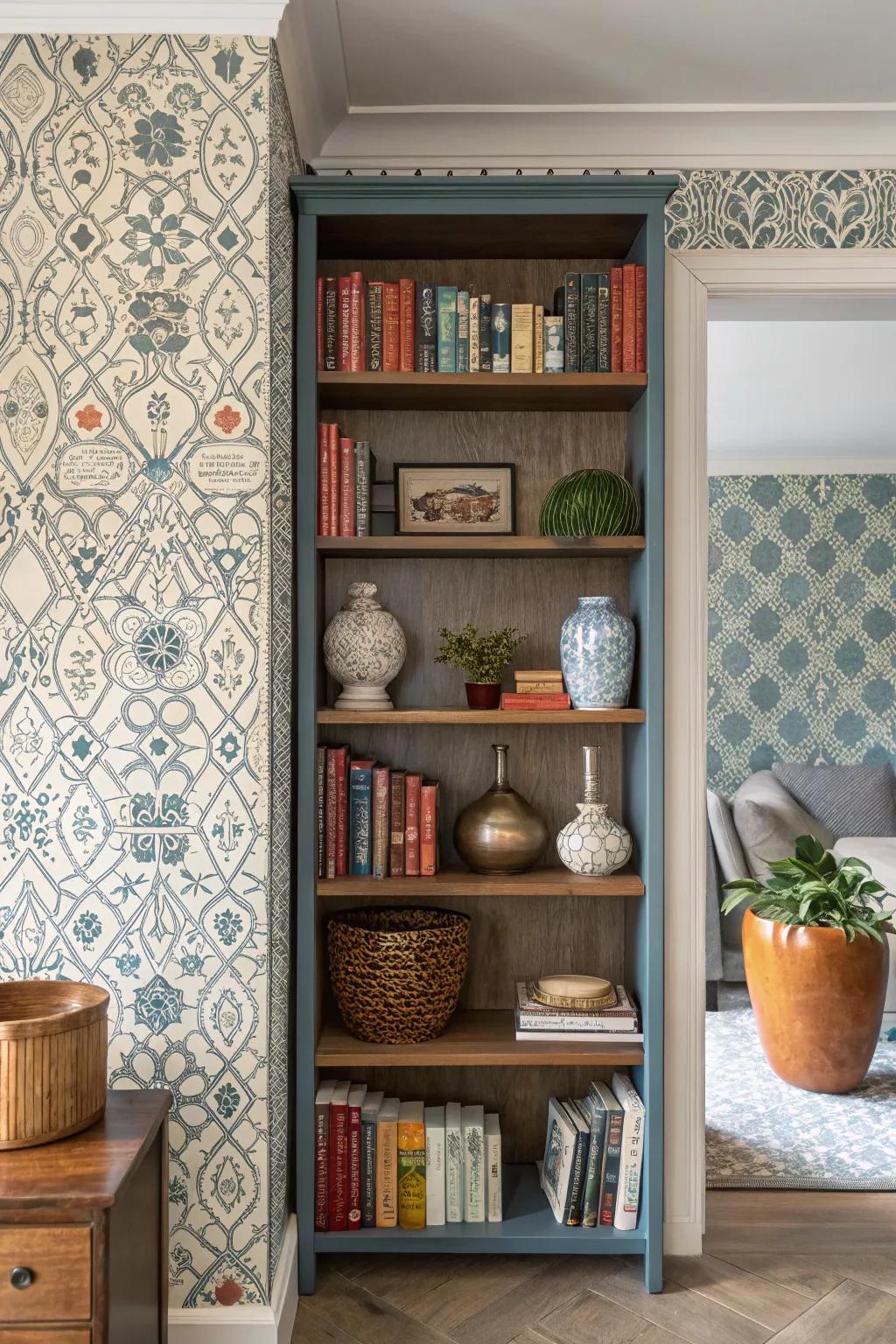 Bookshelf featuring a variety of patterned wallpapers for a dynamic look.