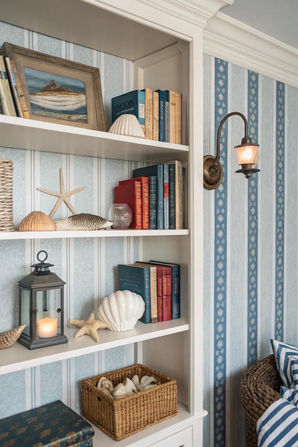 Bookshelf with nautical striped wallpaper, evoking a fresh seaside atmosphere.