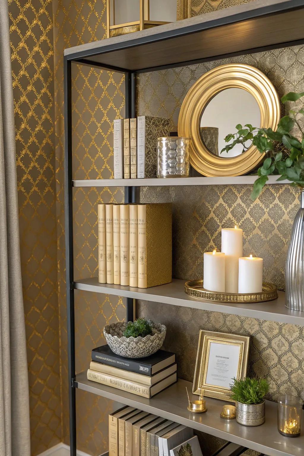 Bookshelf featuring subtle gold metallic wallpaper, adding a luxurious touch.