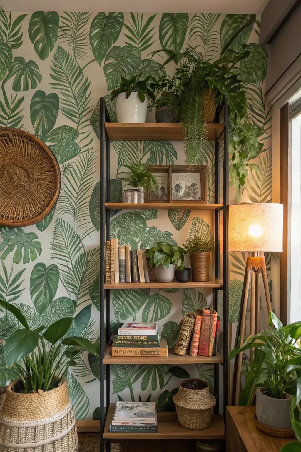 Bookshelf featuring lush botanical wallpaper, creating a fresh natural vibe.