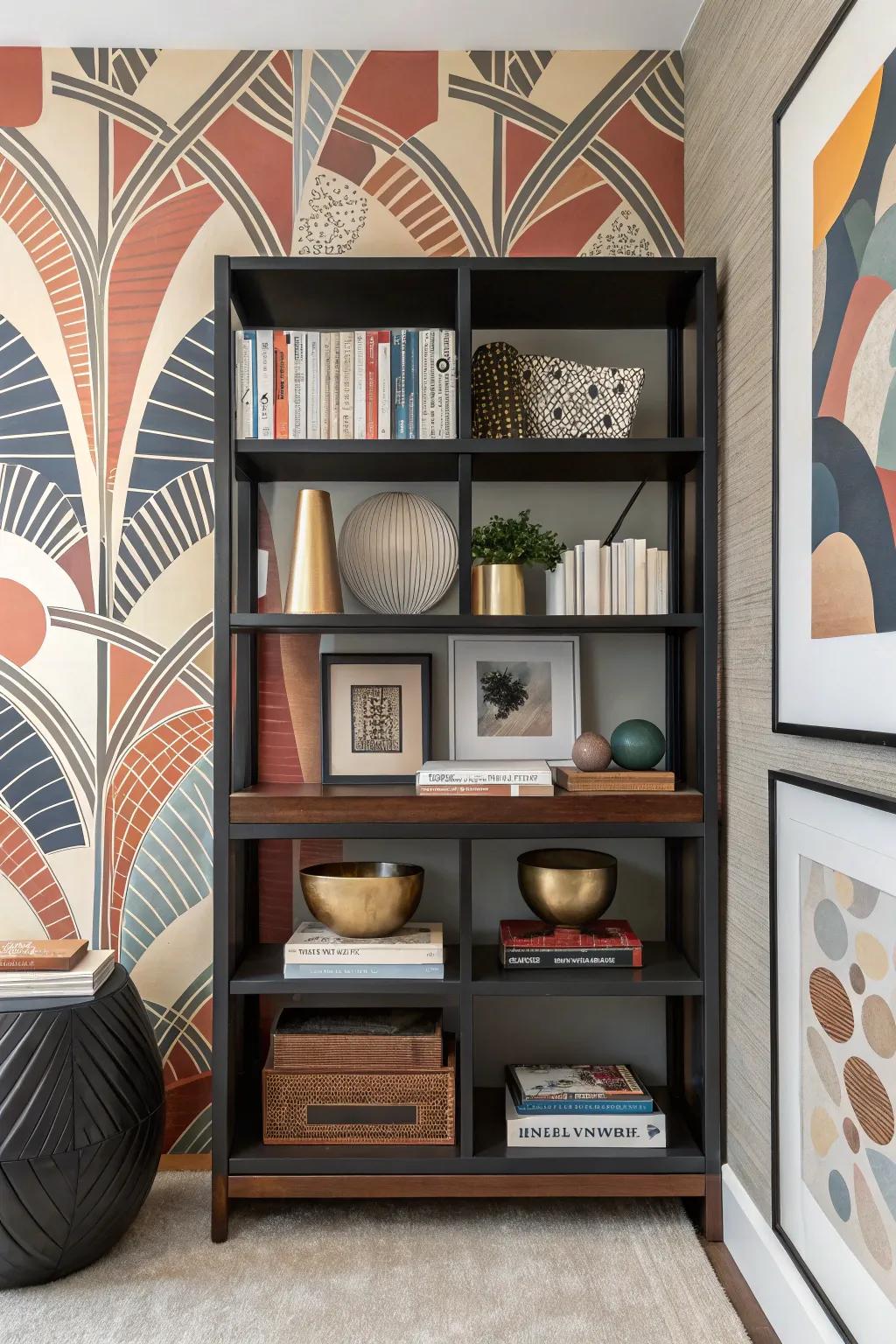 Bookshelf featuring bold abstract art wallpaper, making a creative statement.