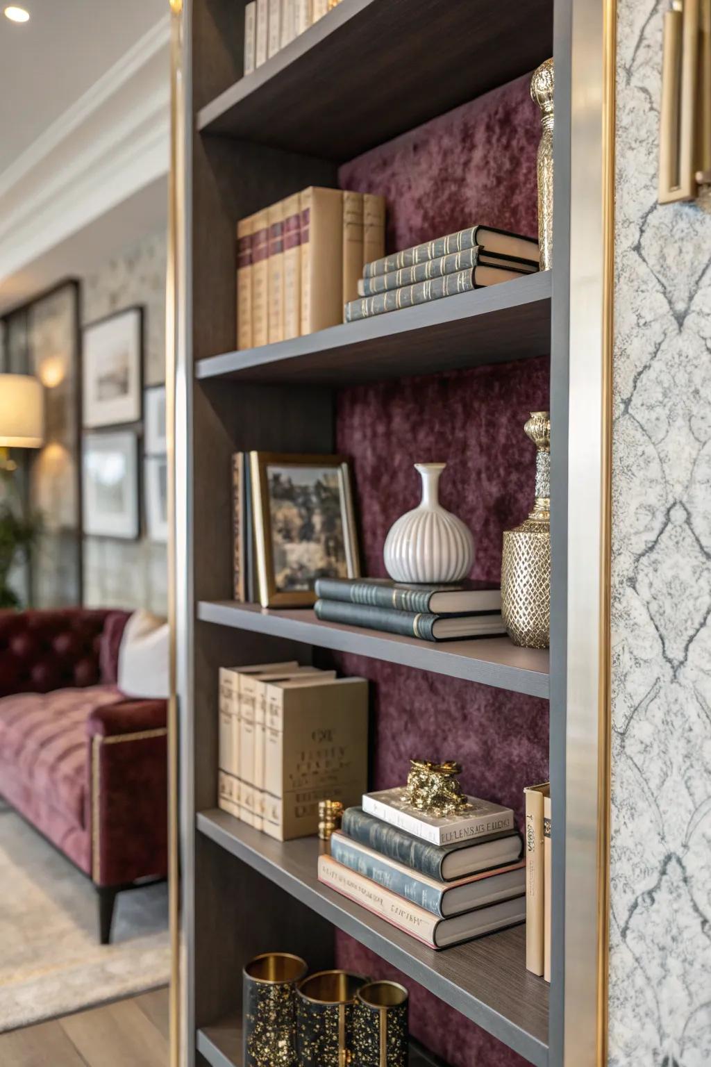 Bookshelf featuring velvet-effect wallpaper, adding a rich and luxurious feel.