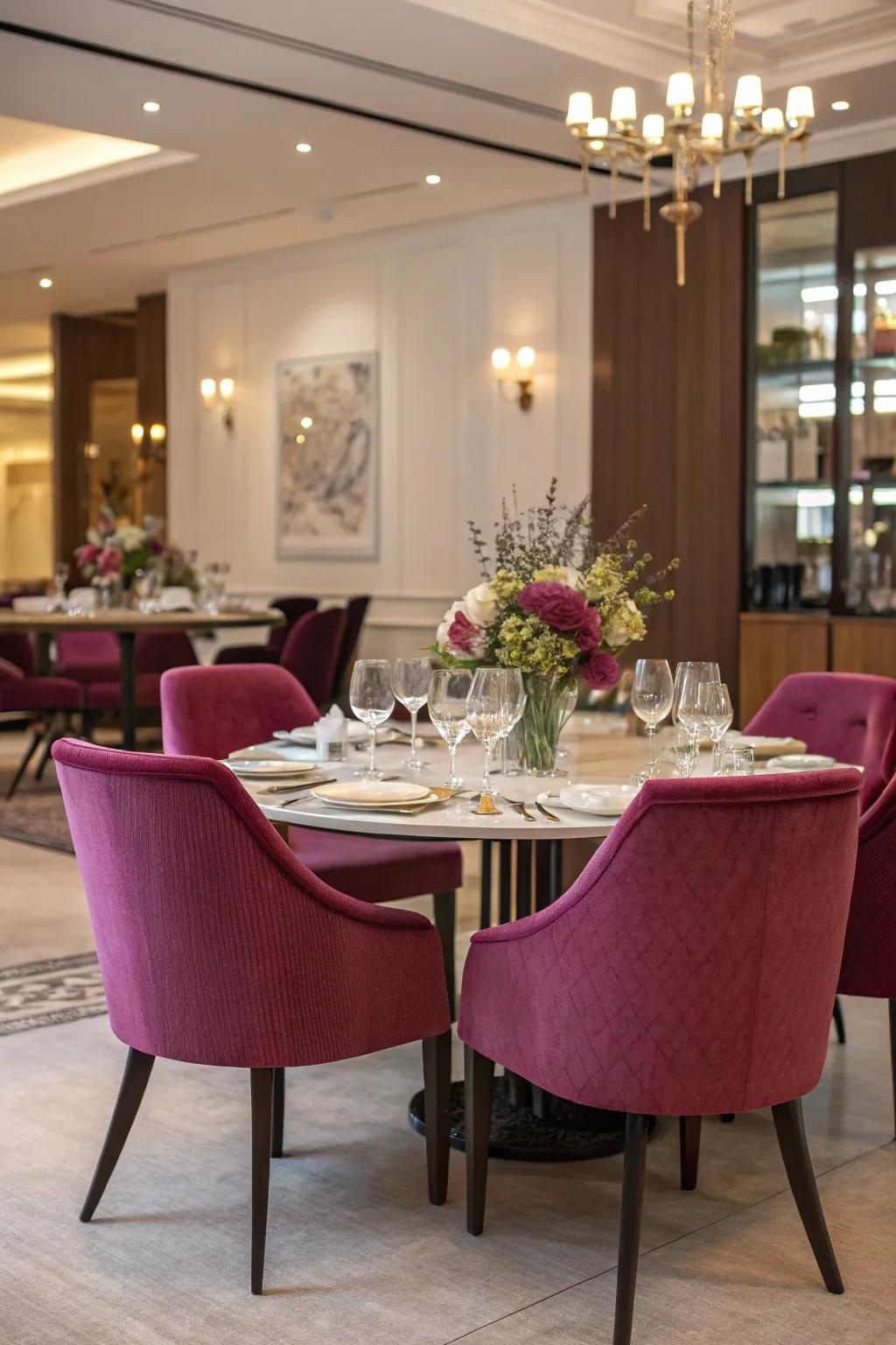 Purple dining chairs add flair and sophistication to a dining area.