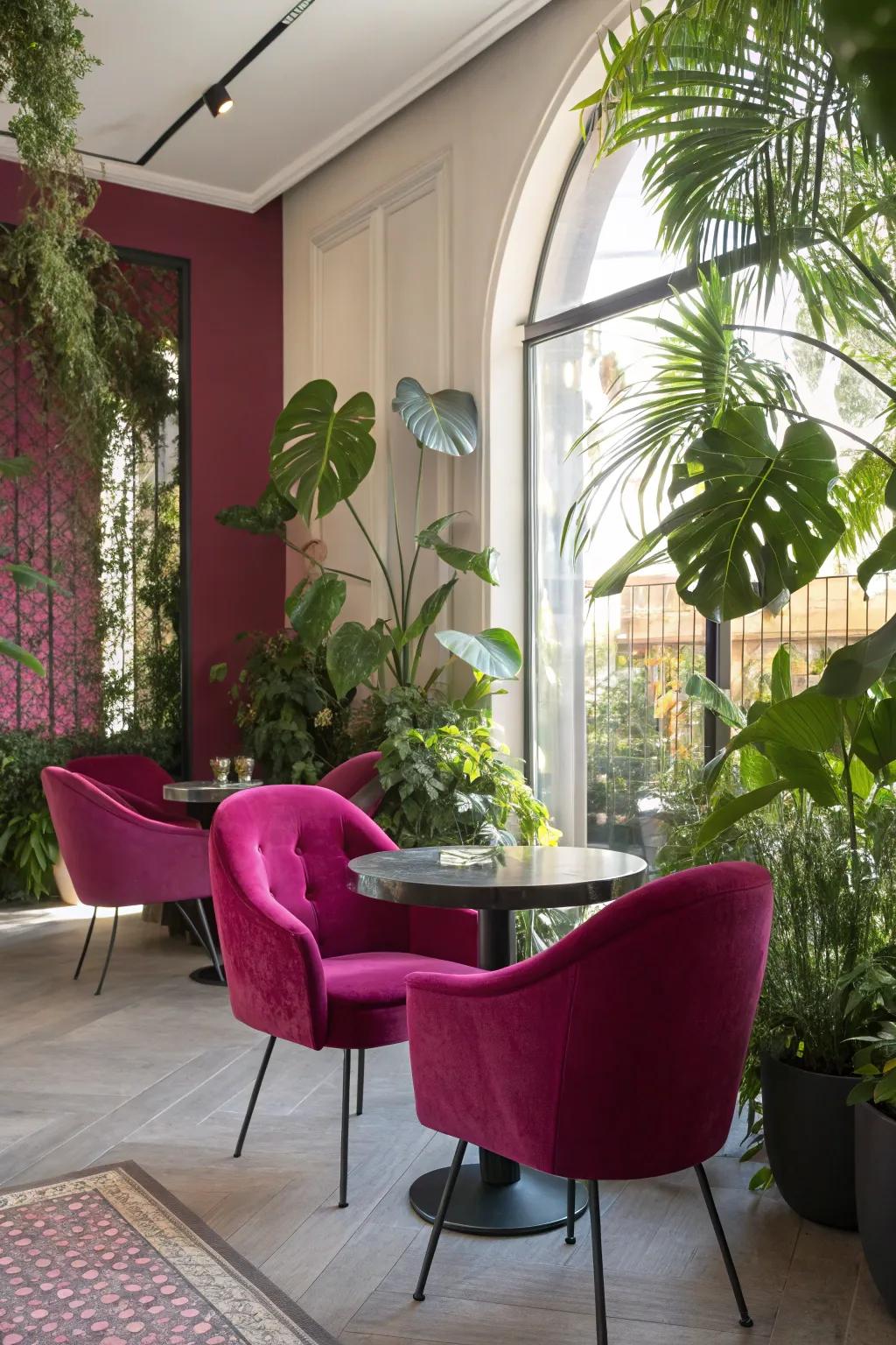 Purple combined with green plants creates a lively and fresh atmosphere.