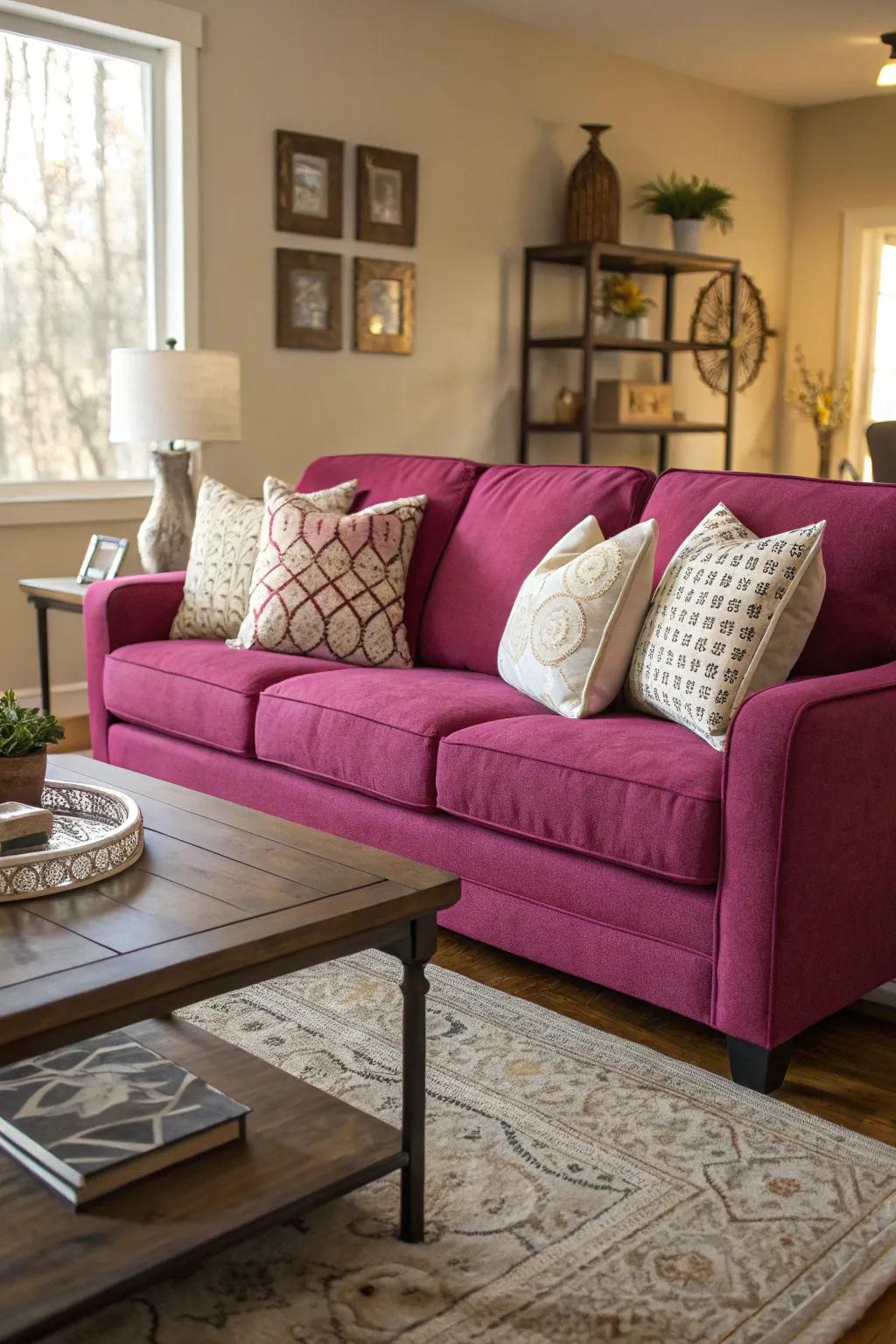 A purple sofa stands out as a vibrant centerpiece in a stylish living room.