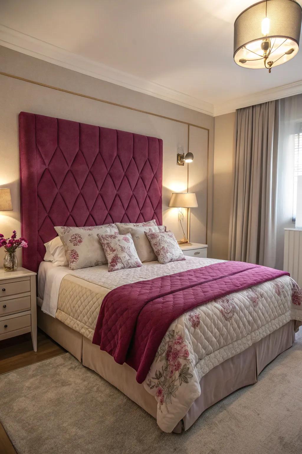 A purple headboard creates a striking focal point in a sophisticated bedroom.